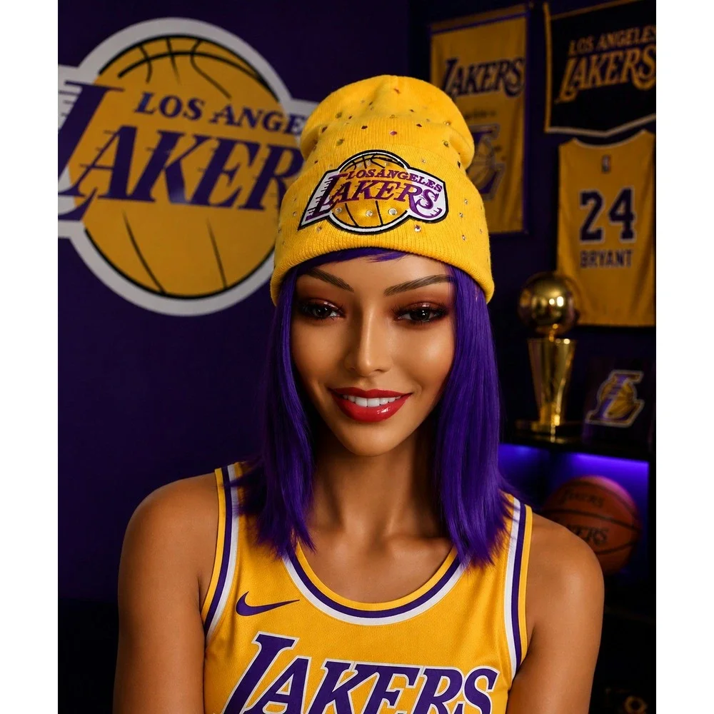 Los Angeles Lakes Yellow Beanie design with logo‎ and rhinestones
